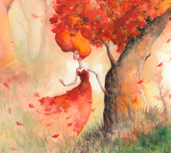 llustration d'une sorcière se fondant dans le décor automnal d'un arbre