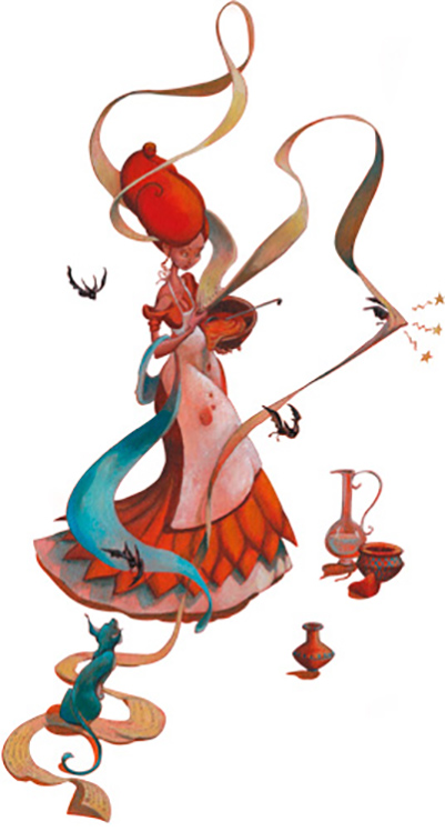 Illustration d'une sorcière habillée avec une robe rouge