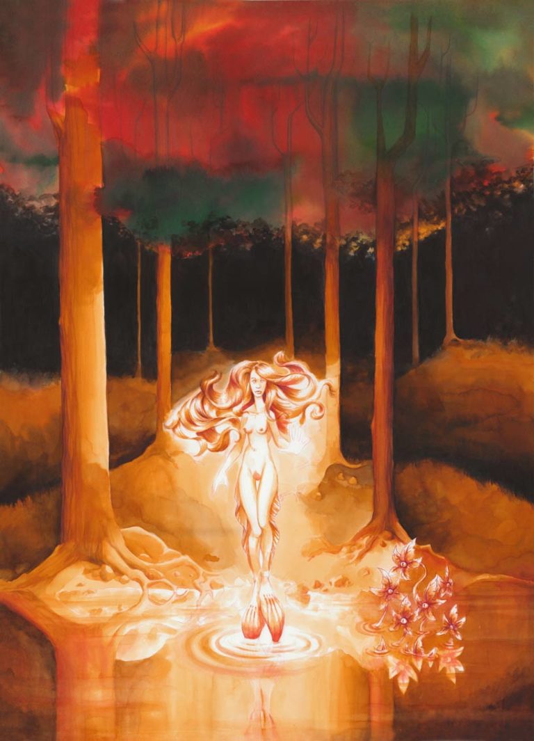 Illustration d'art thérapie d'une femme au bord d'une forêt