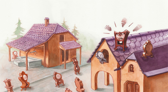 Illustration d'une place de village avec des horloges vivantes