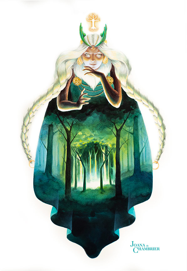 Tableau de la déesse Urd drapée d'une forêt où se trouve la source qui fait pousser Yggdrasil à l'aquarelle et à l'écoline