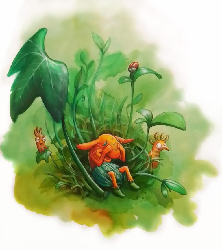 illustration d'un livre pour enfant d'une petite créature orange qui pleure dans les herbes