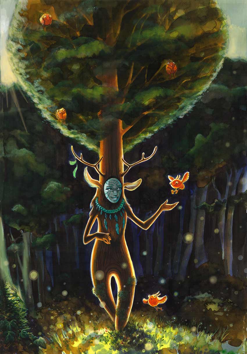 illustration d'une déesse de la forêt réalisée à l'aquarelle et à l'ecoline